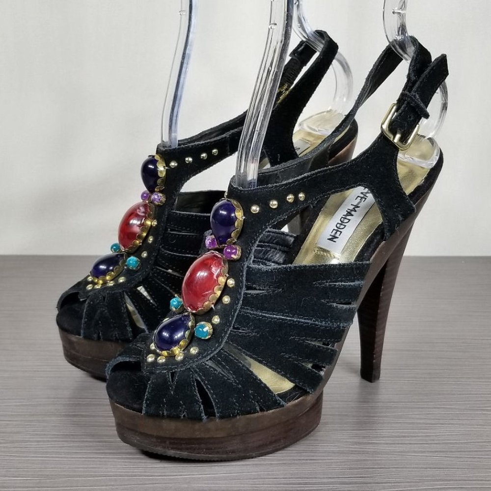 Steve Madden Tifanny Jewelled Platform Heels, Black Suede, Womens Size 5.5 M